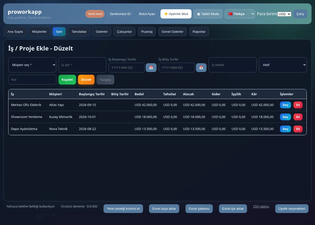 ProWork iş ve proje kayıt ekranı