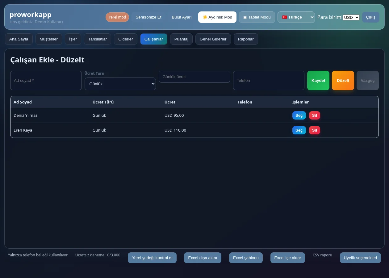 ProWork çalışan ve ücret yönetimi ekranı